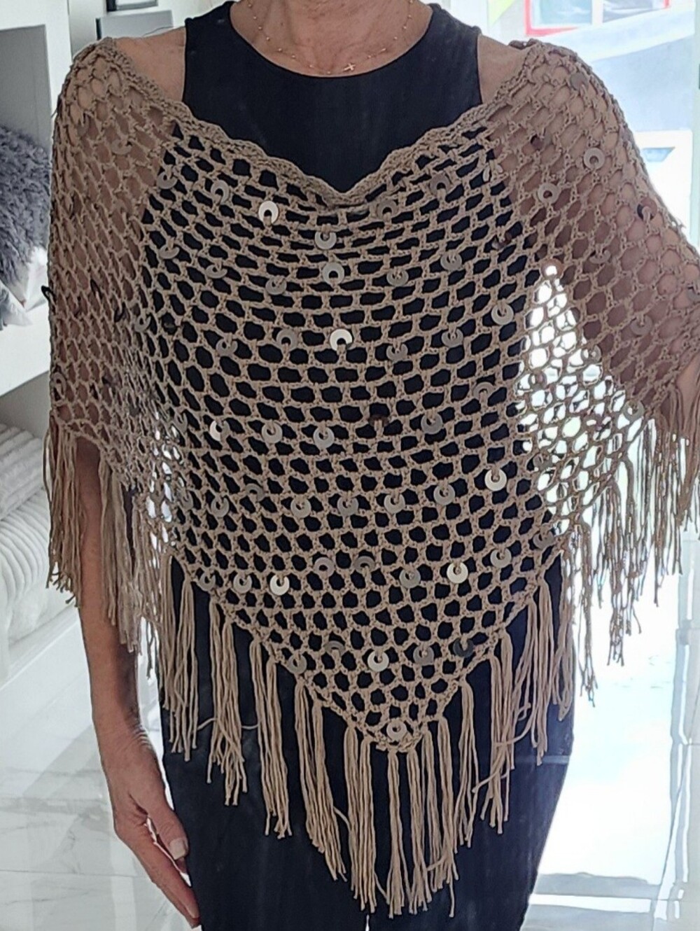 Rebellion Beige Crochet Fringe Poncho with Sequin Accents